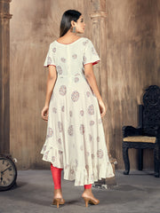 White Color Printed Rayon Kurti With Leggings For Women