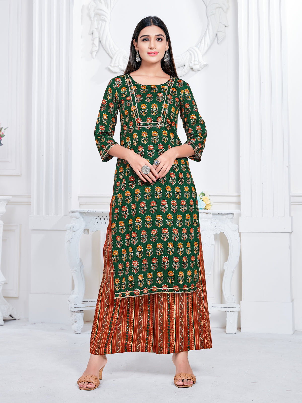 Green Color Printed Rayon Kurti With Palazzo For Women