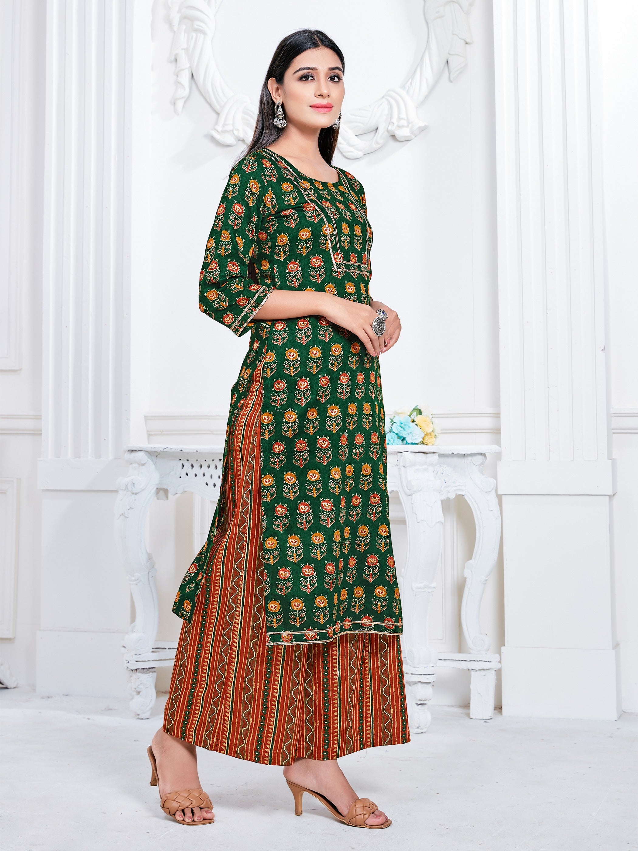 Green Color Printed Rayon Kurti With Palazzo For Women