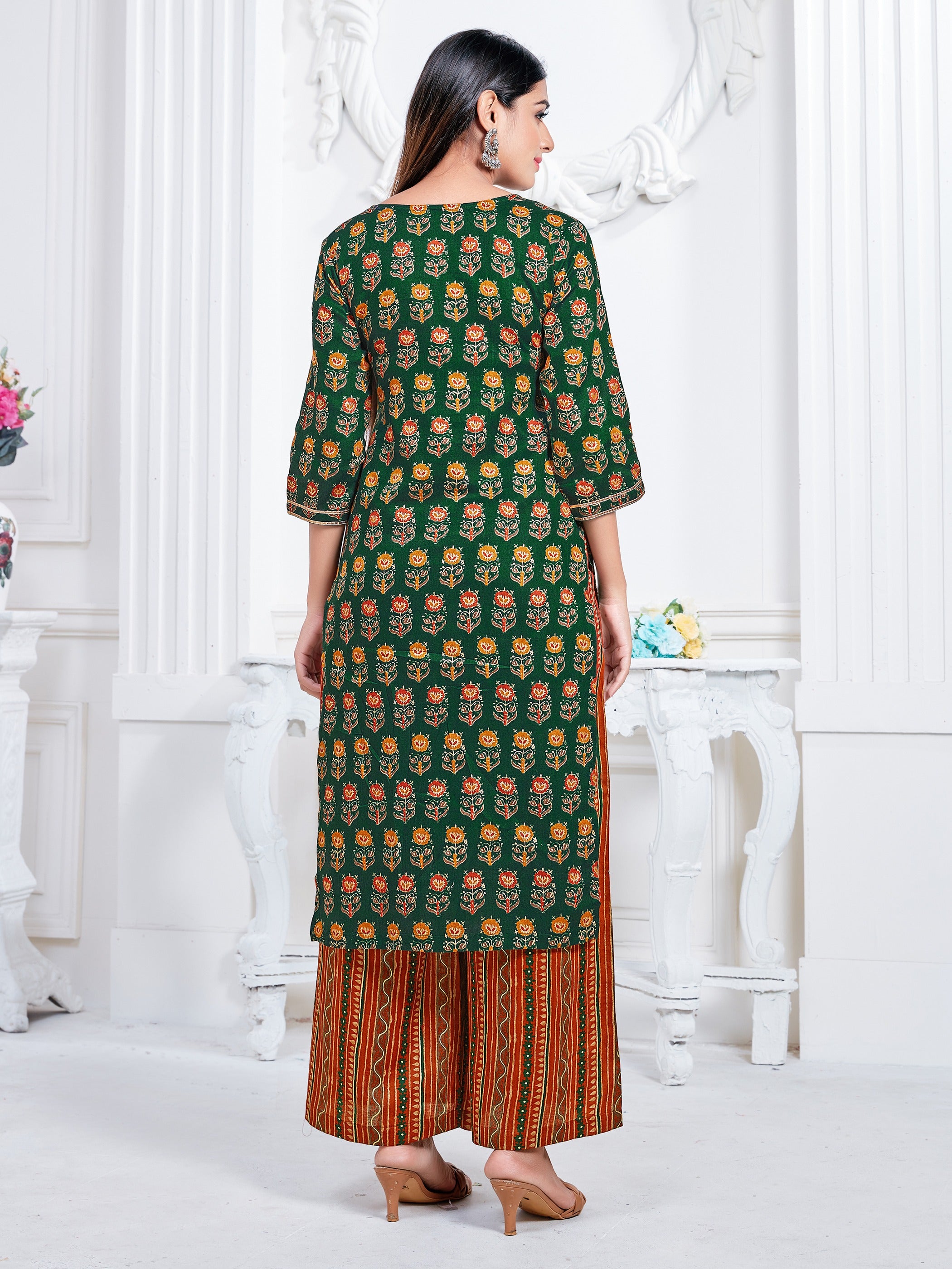 Green Color Printed Rayon Kurti With Palazzo For Women