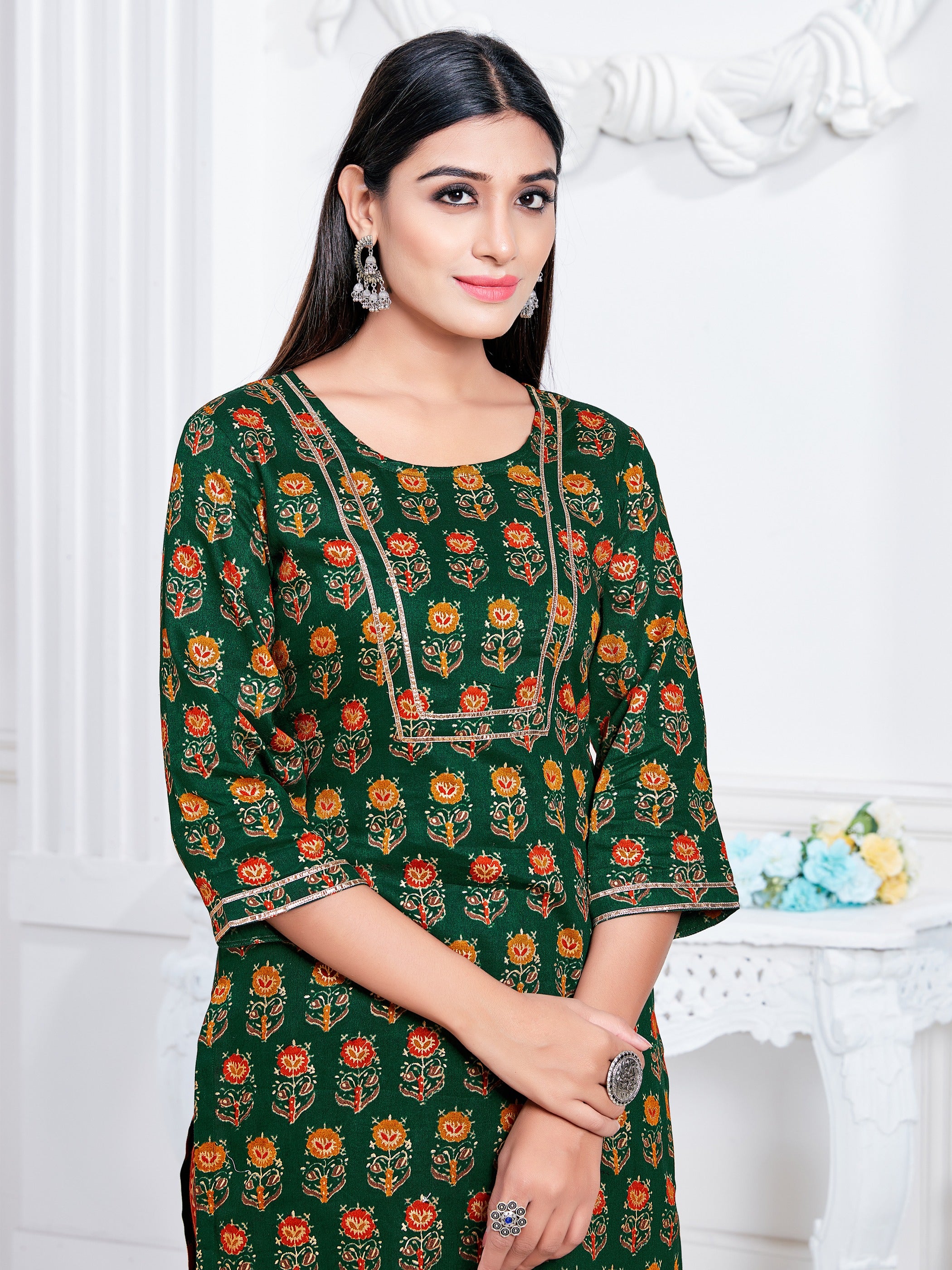 Green Color Printed Rayon Kurti With Palazzo For Women