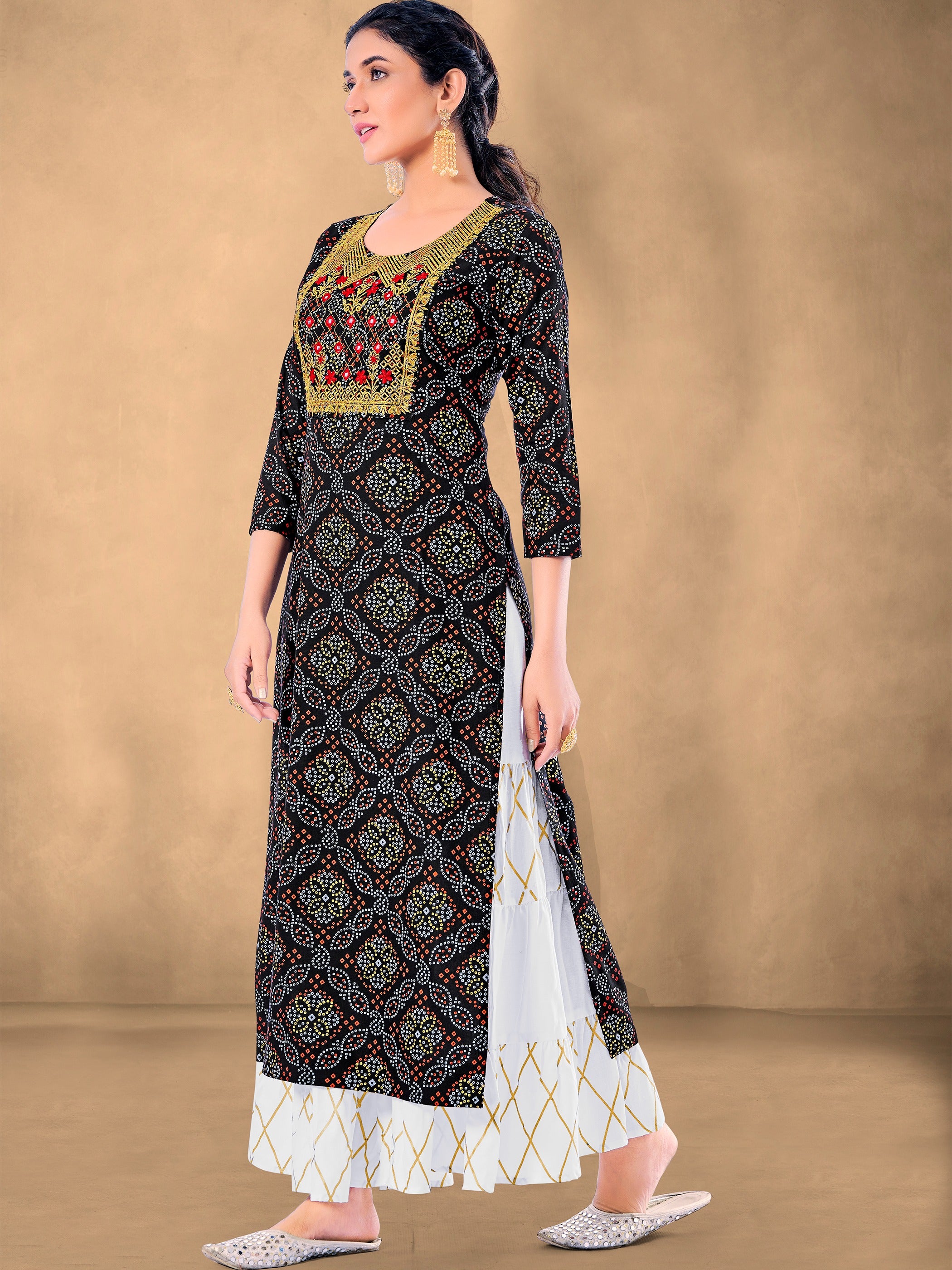 Black Color Embroidered Rayon Kurti With Palazzo For Women