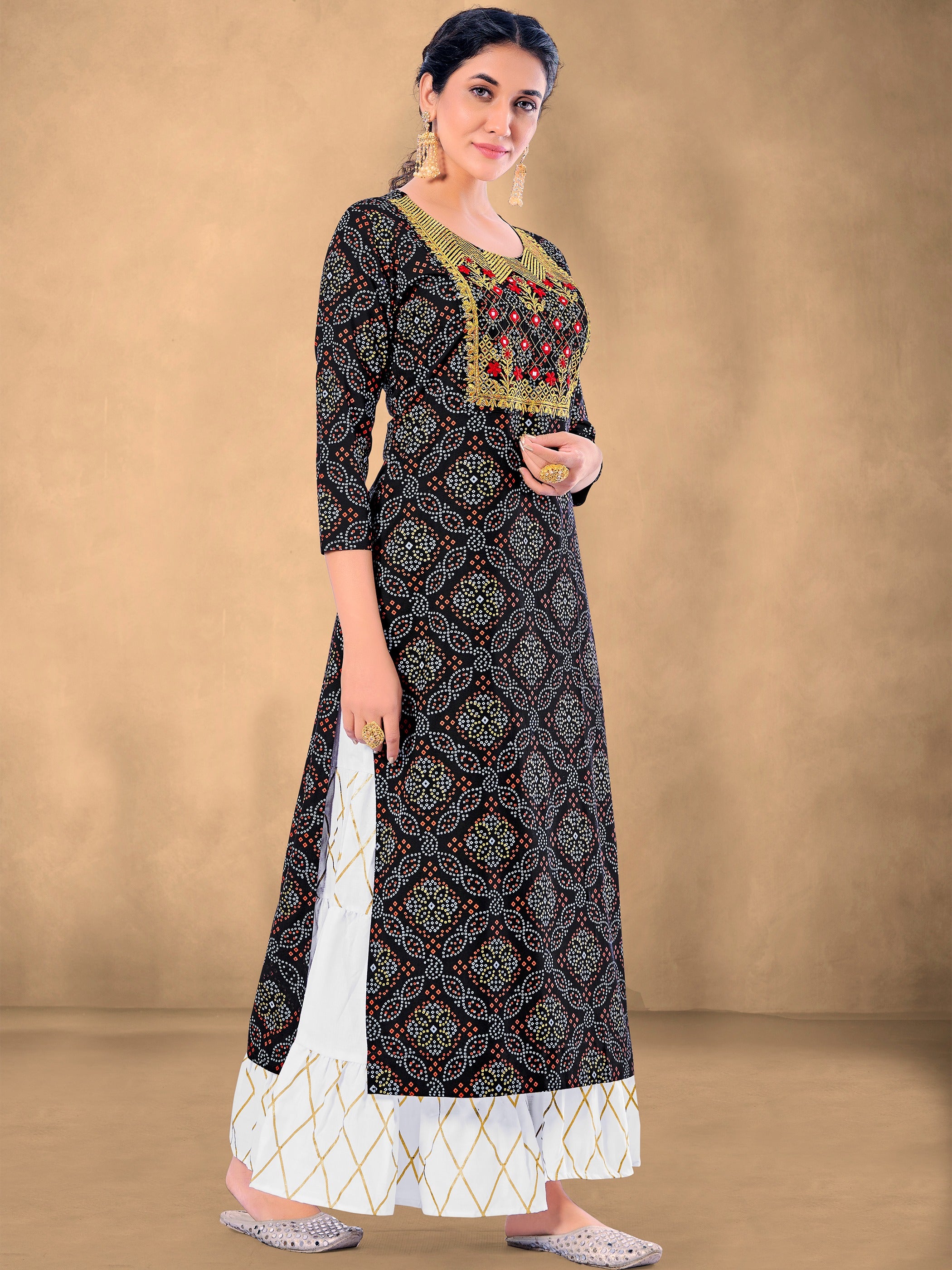 Black Color Embroidered Rayon Kurti With Palazzo For Women