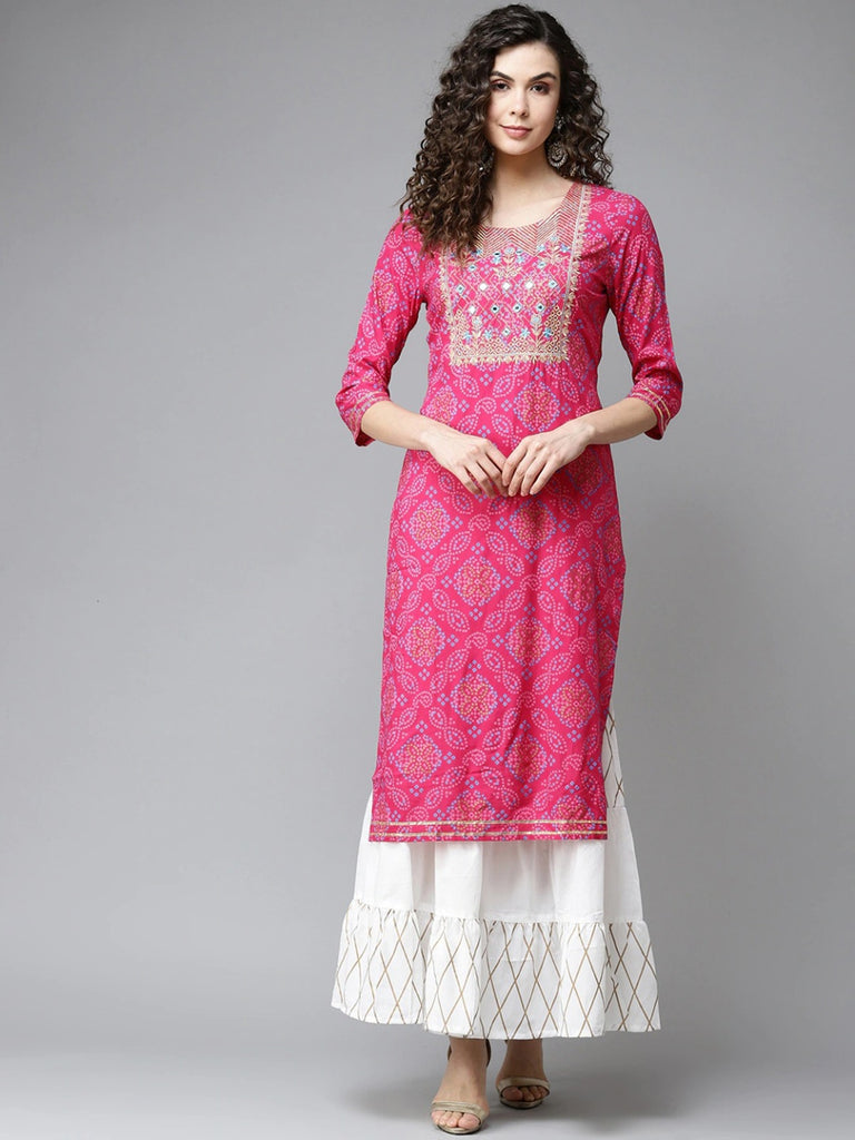 Magenta Color Embroidered Rayon Kurti With Palazzo For Women