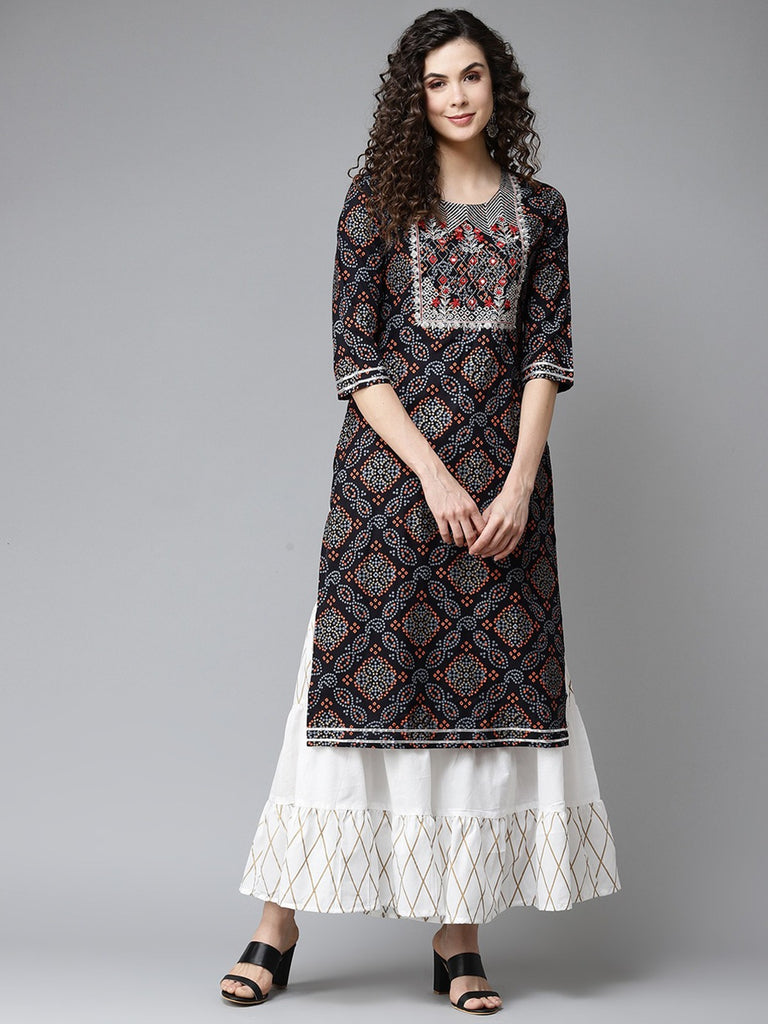 Navy Blue Color Embroidered Rayon Kurti With Palazzo For Women