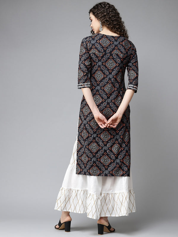 Navy Blue Color Embroidered Rayon Kurti With Palazzo For Women