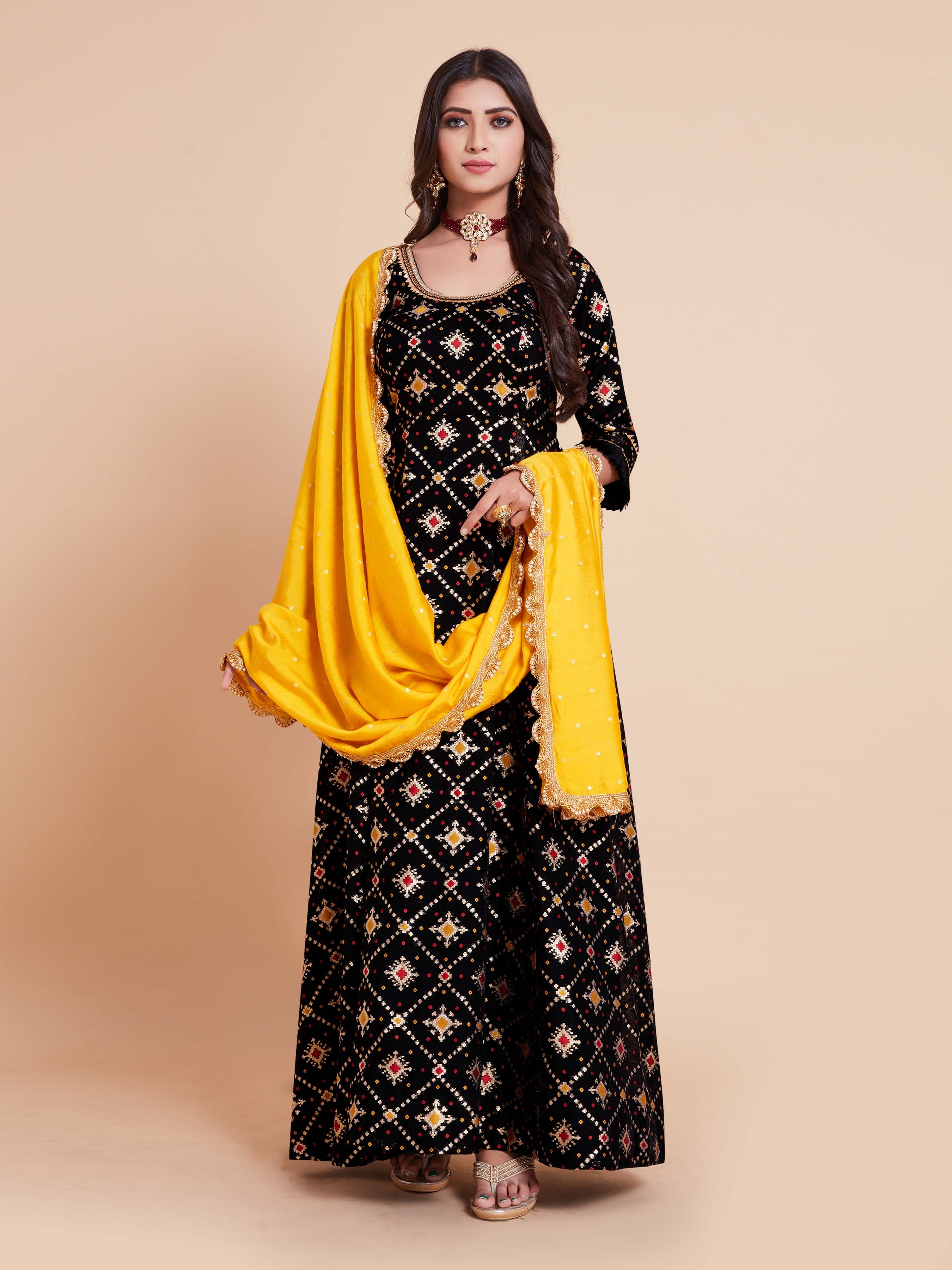 Black Woven Art Silk Kurta With Dupatta