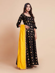 Black Woven Art Silk Kurta With Dupatta