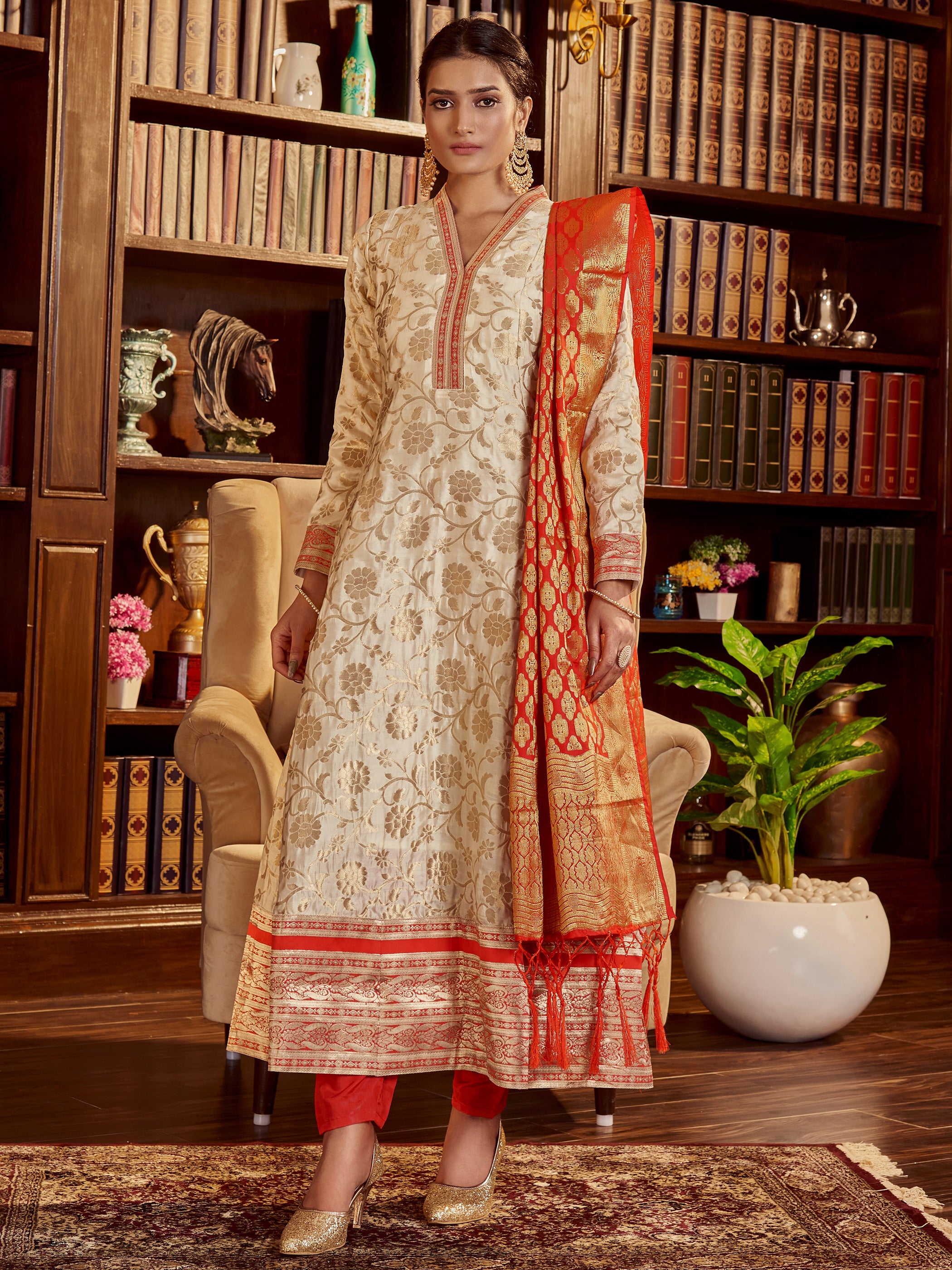 Beige Woven Art Silk Kurti With Pant Dupatta