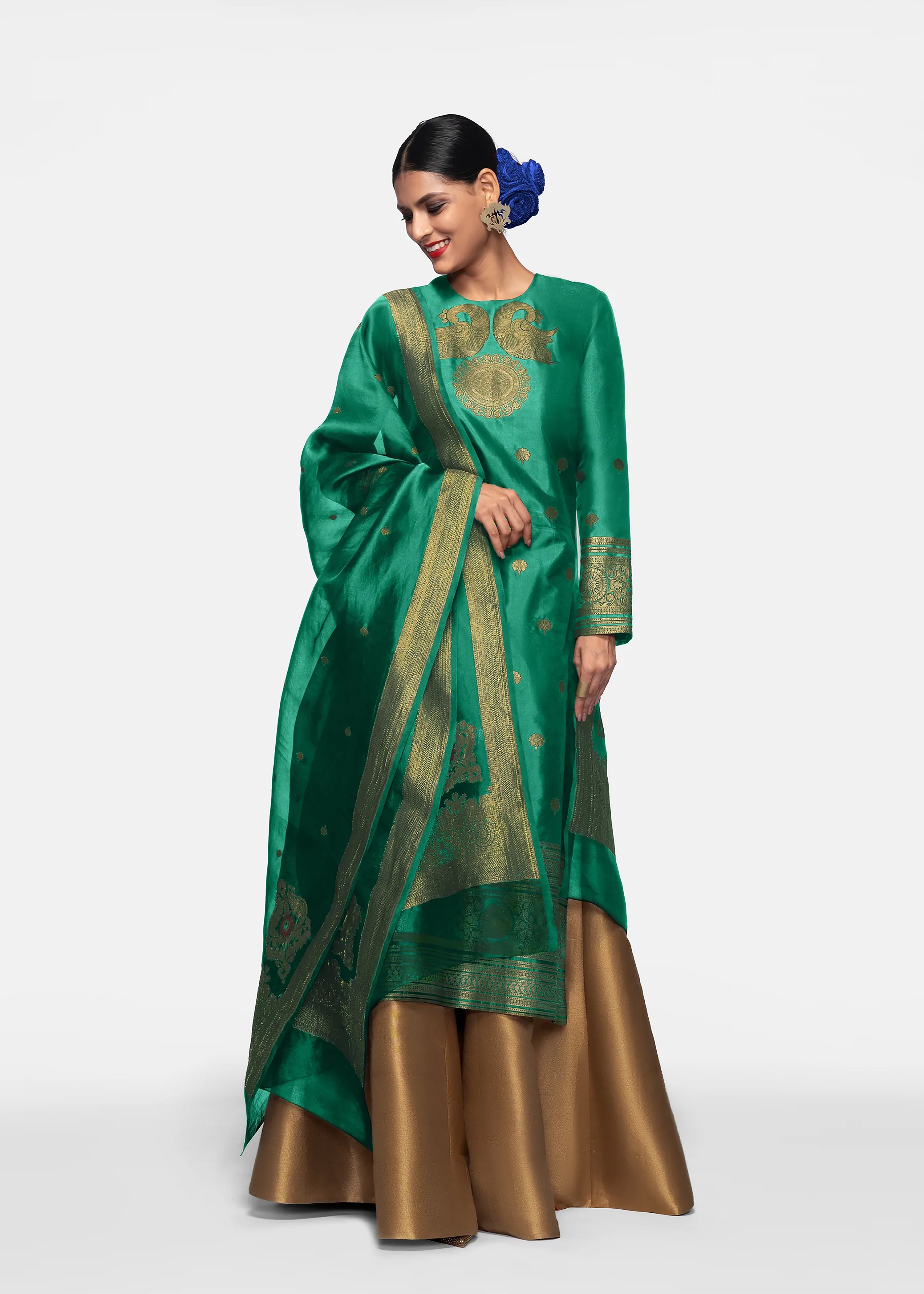 Elina fashion Green Art Silk Readymade Kurti For Womens With Palazzo Dupatta