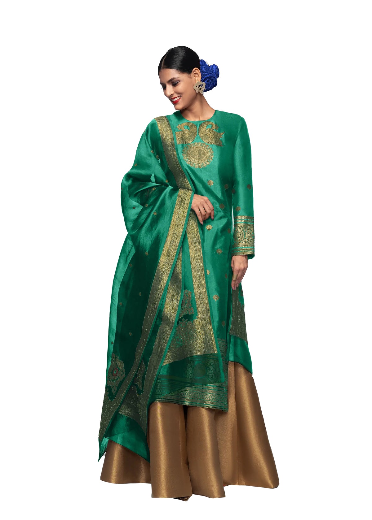 Elina fashion Green Art Silk Readymade Kurti For Womens With Palazzo Dupatta