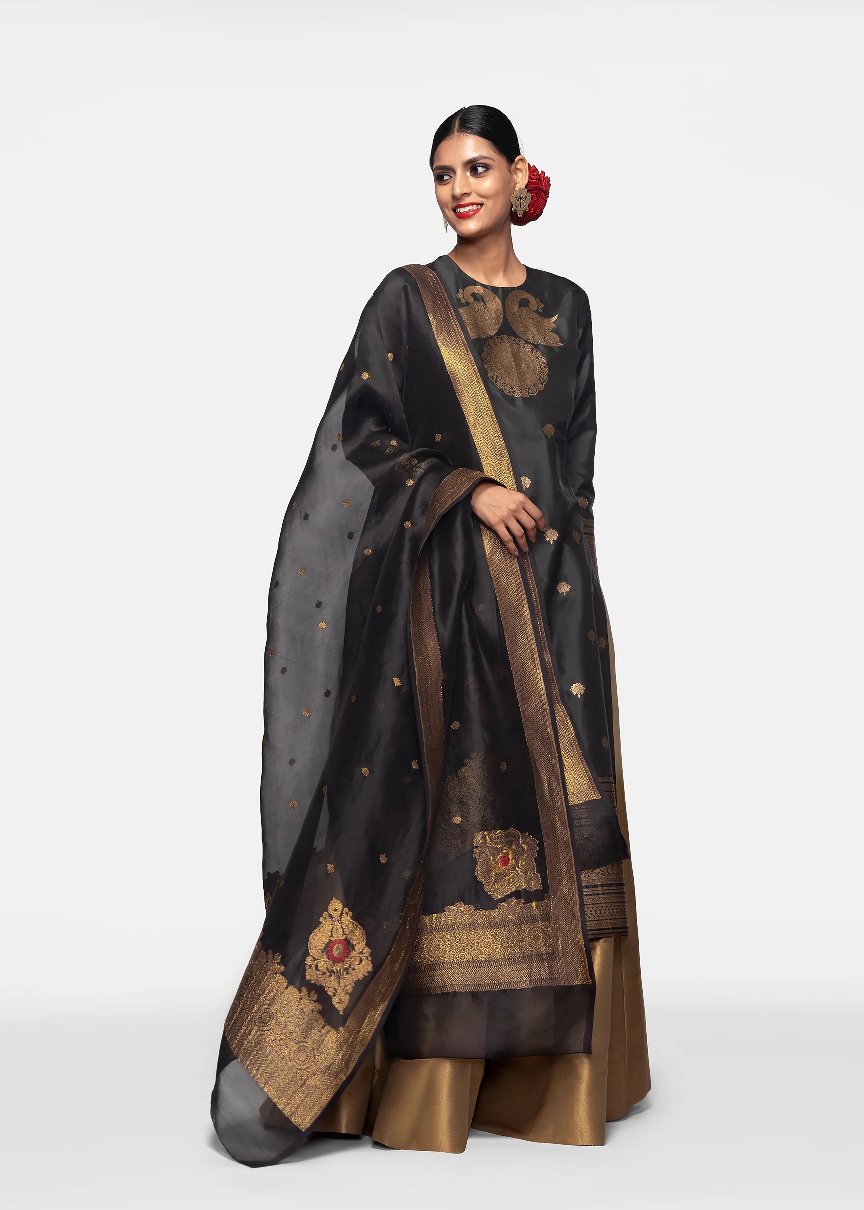 Black Art Silk Readymade Kurti For Womens With Palazzo Dupatta