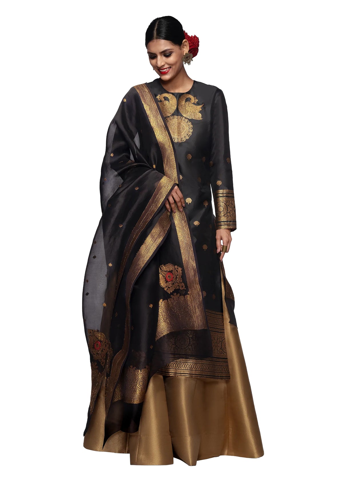 Black Art Silk Readymade Kurti For Womens With Palazzo Dupatta