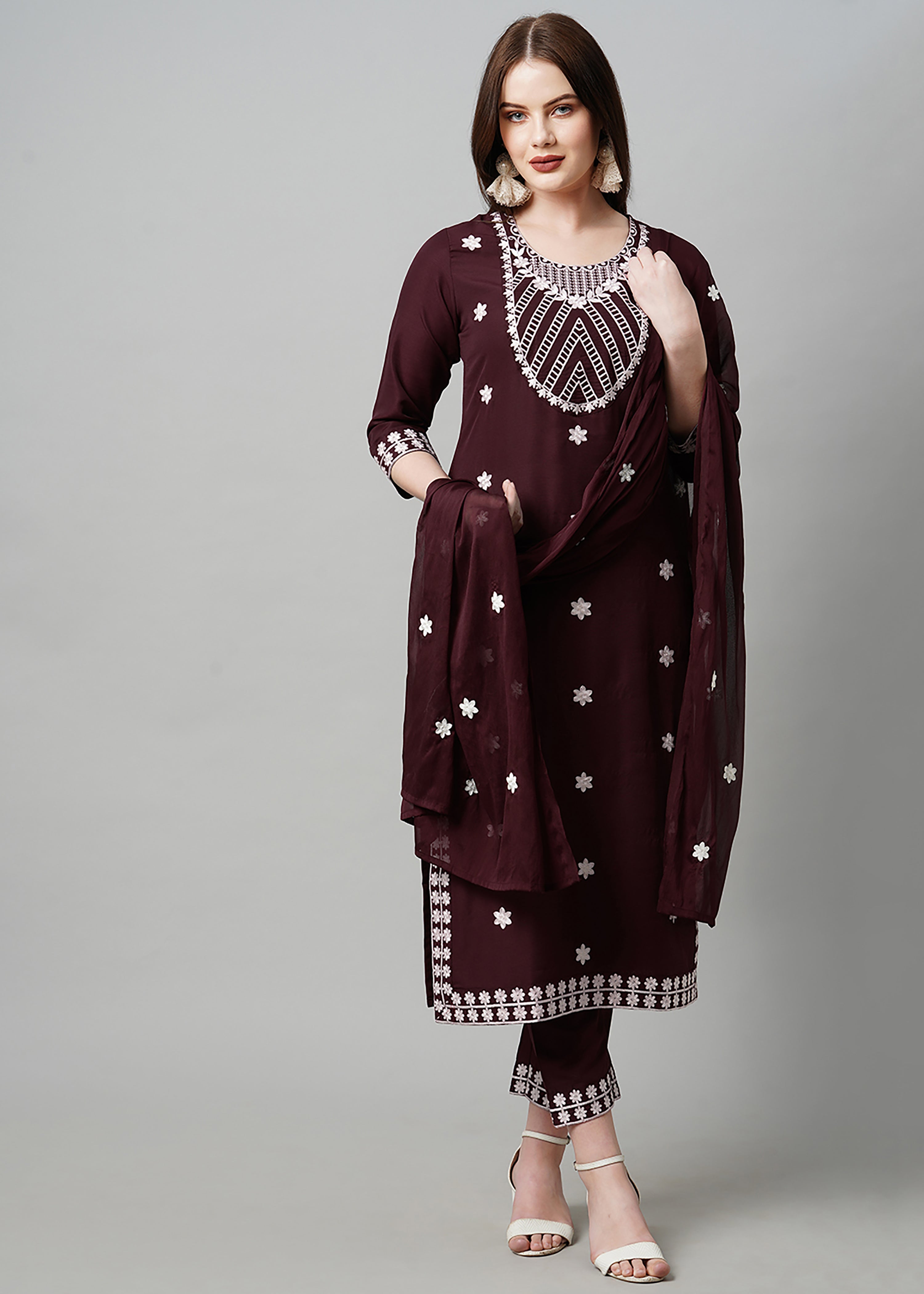 Wine Rayon Readymade Embroidered Kurti For Womens With Bottom Dupatta