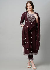 Wine Rayon Readymade Embroidered Kurti For Womens With Bottom Dupatta