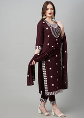 Wine Rayon Readymade Embroidered Kurti For Womens With Bottom Dupatta