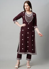 Wine Rayon Readymade Embroidered Kurti For Womens With Bottom Dupatta