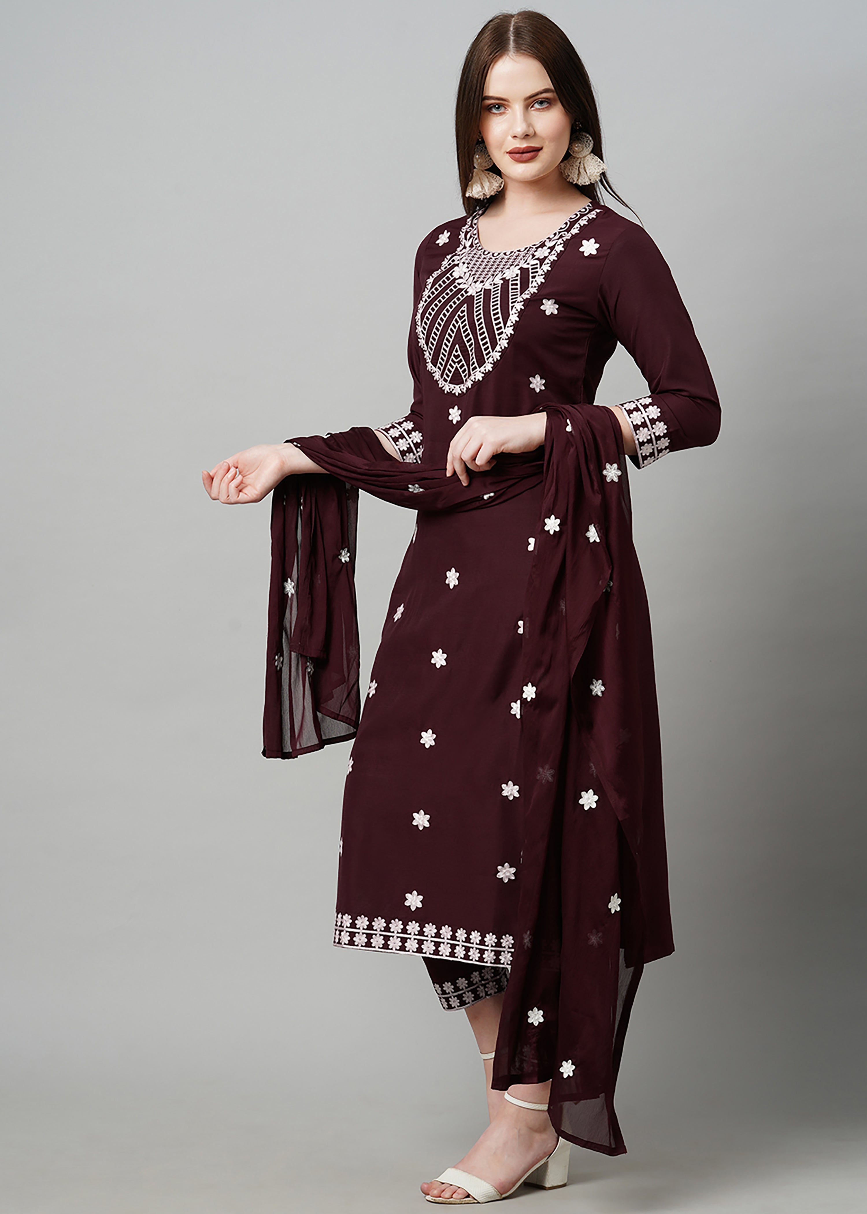 Wine Rayon Readymade Embroidered Kurti For Womens With Bottom Dupatta