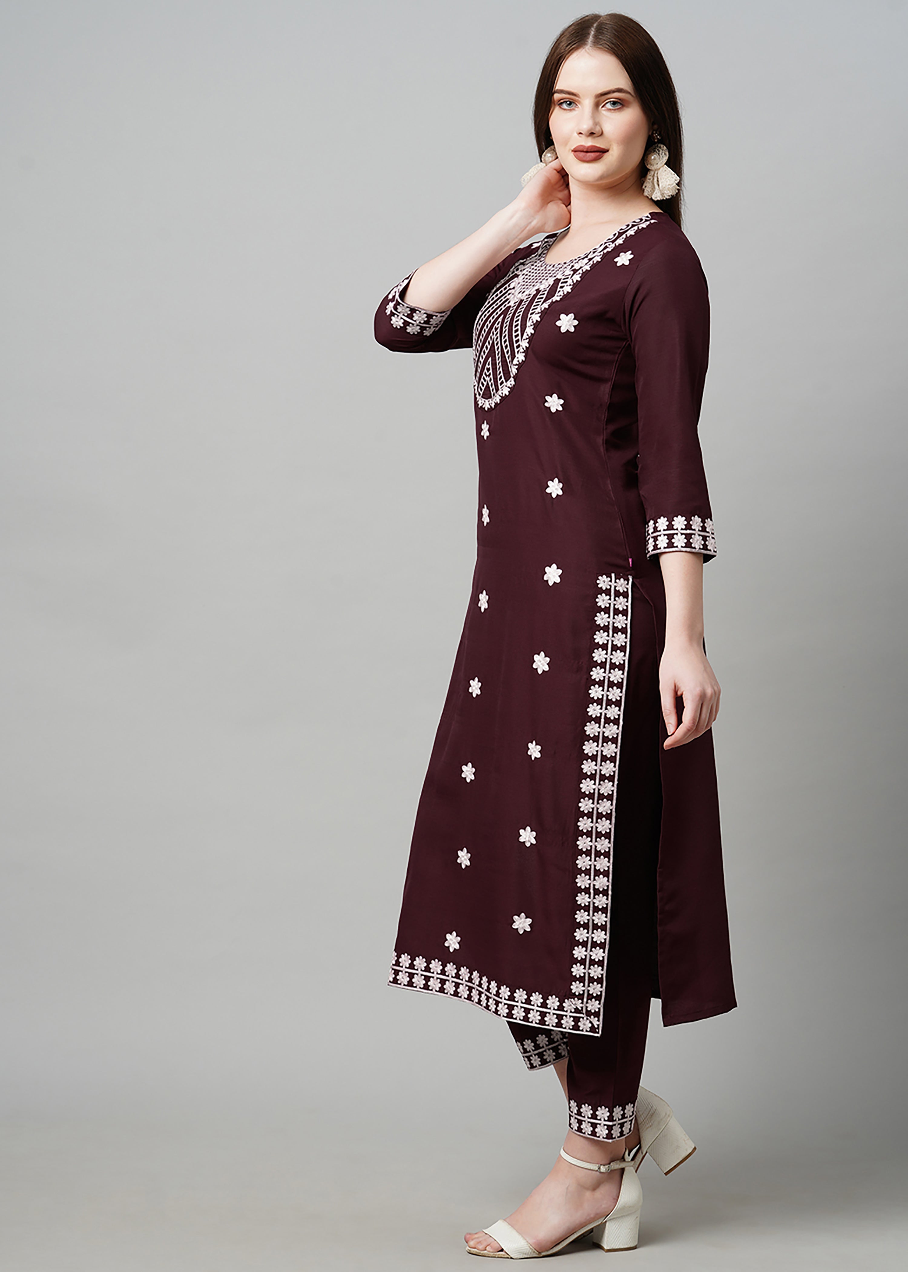 Wine Rayon Readymade Embroidered Kurti For Womens With Bottom Dupatta