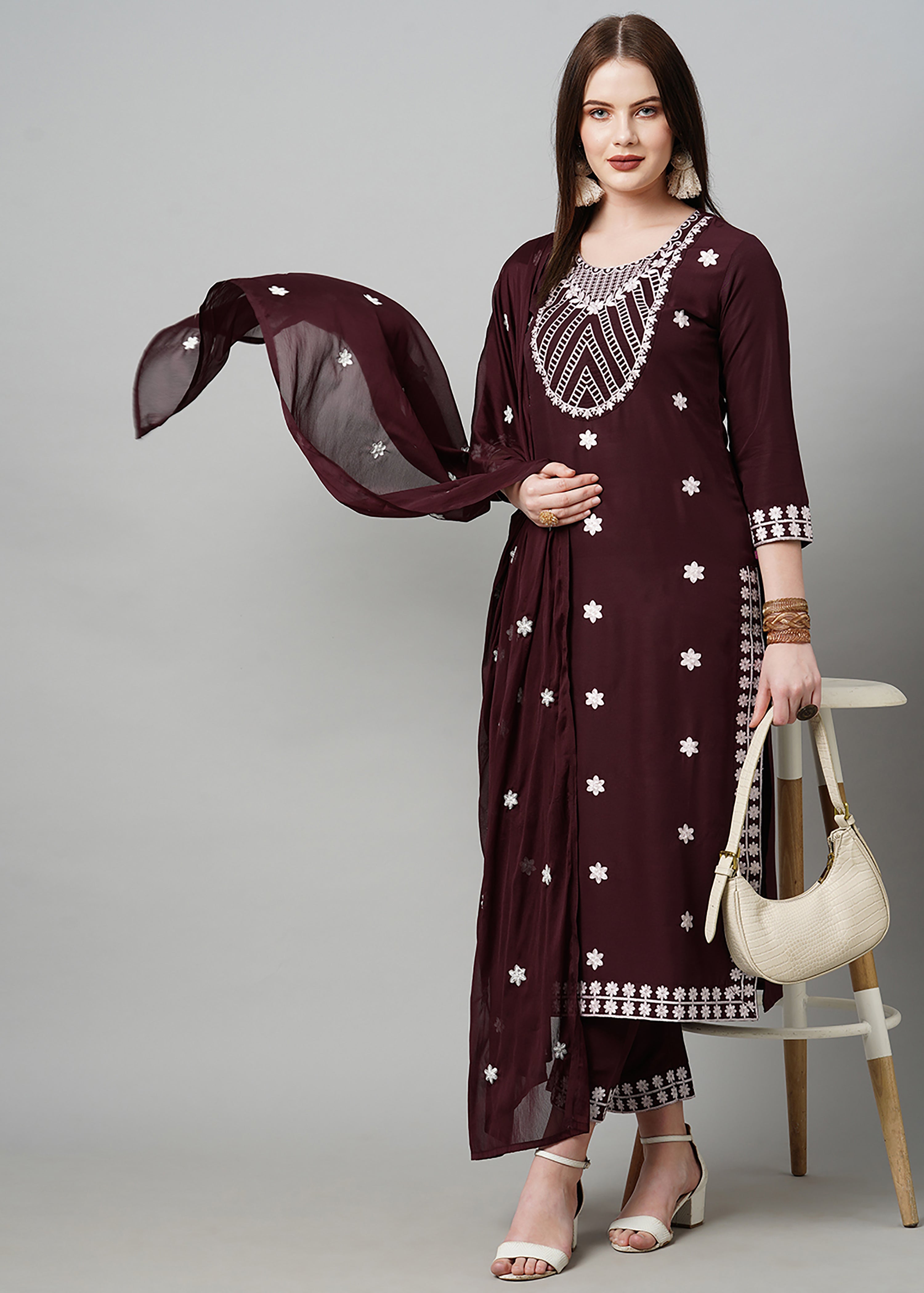 Wine Rayon Readymade Embroidered Kurti For Womens With Bottom Dupatta