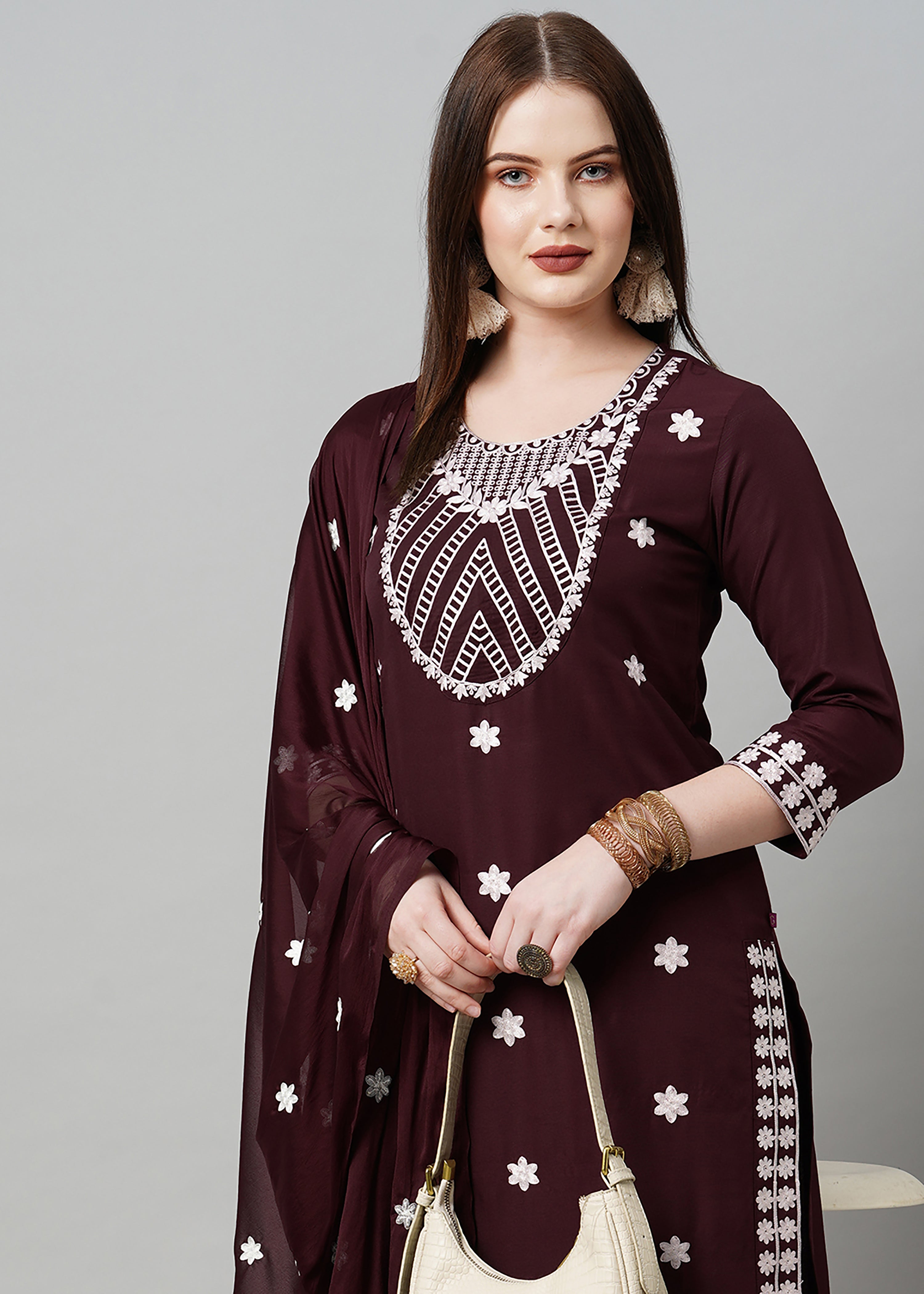 Wine Rayon Readymade Embroidered Kurti For Womens With Bottom Dupatta