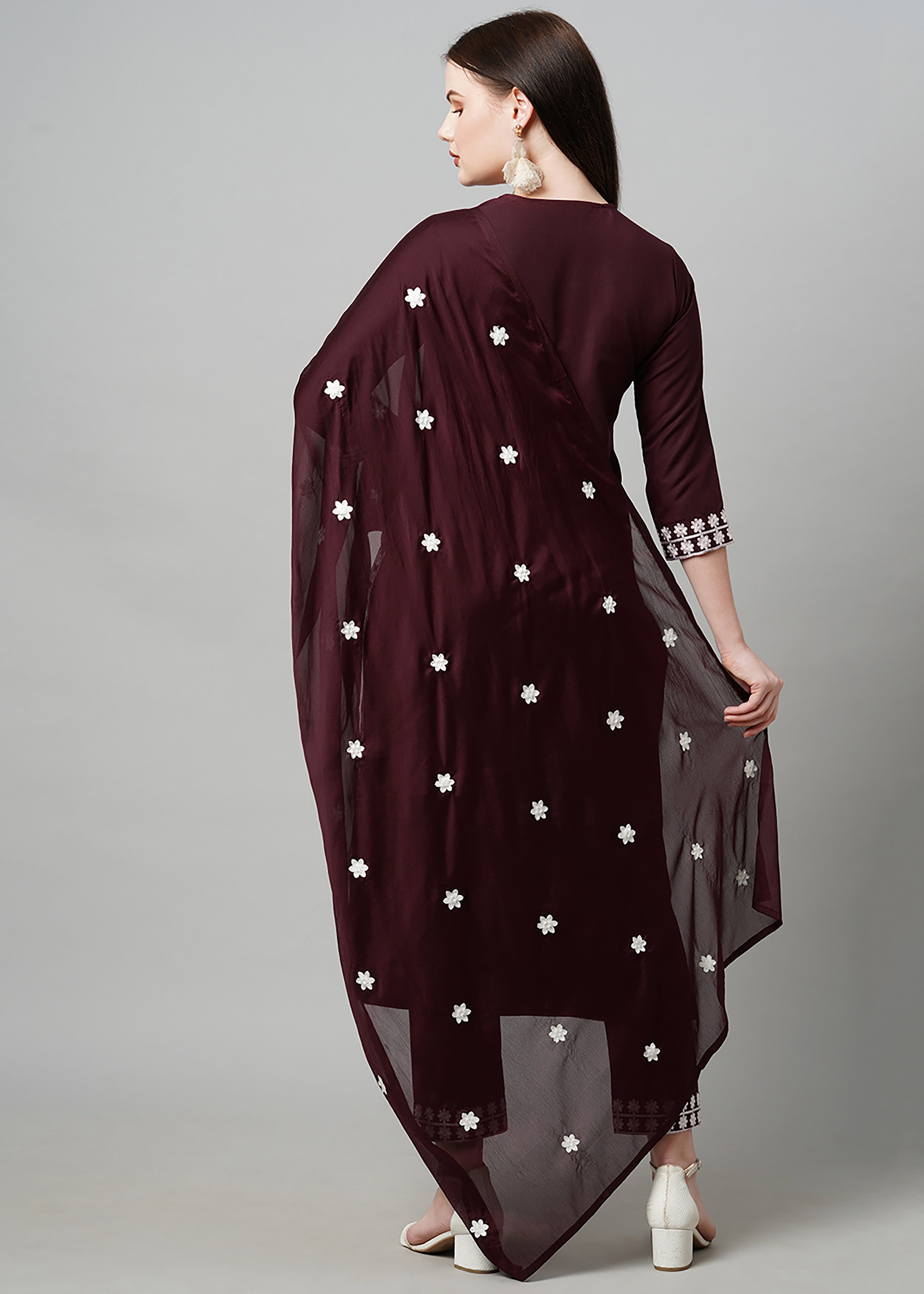 Wine Rayon Readymade Embroidered Kurti For Womens With Bottom Dupatta