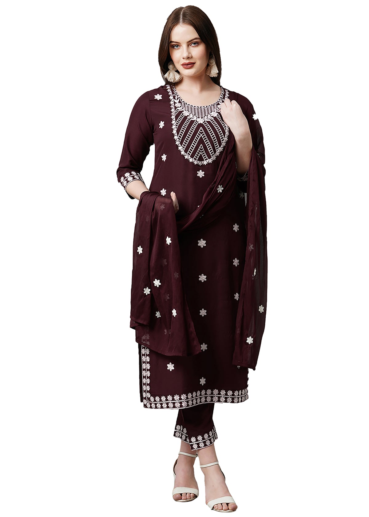 Wine Rayon Readymade Embroidered Kurti For Womens With Bottom Dupatta