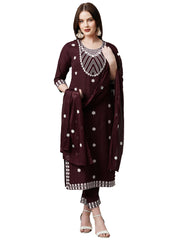 Wine Rayon Readymade Embroidered Kurti For Womens With Bottom Dupatta