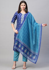 Blue Rayon Readymade Printed Kurti For Womens With Pant Dupatta