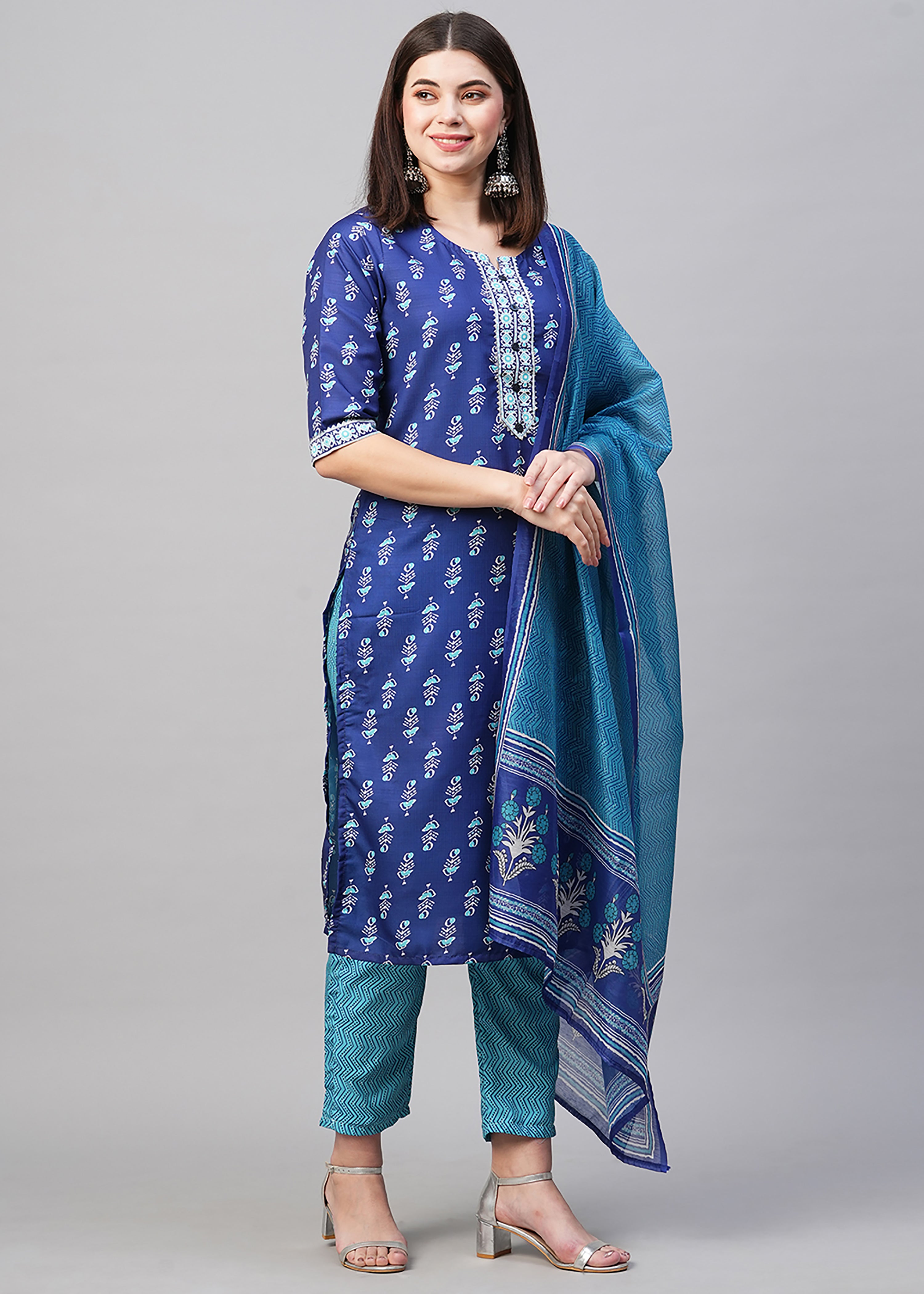 Blue Rayon Readymade Printed Kurti For Womens With Pant Dupatta