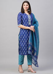 Blue Rayon Readymade Printed Kurti For Womens With Pant Dupatta