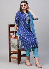 Blue Rayon Readymade Printed Kurti For Womens With Pant Dupatta