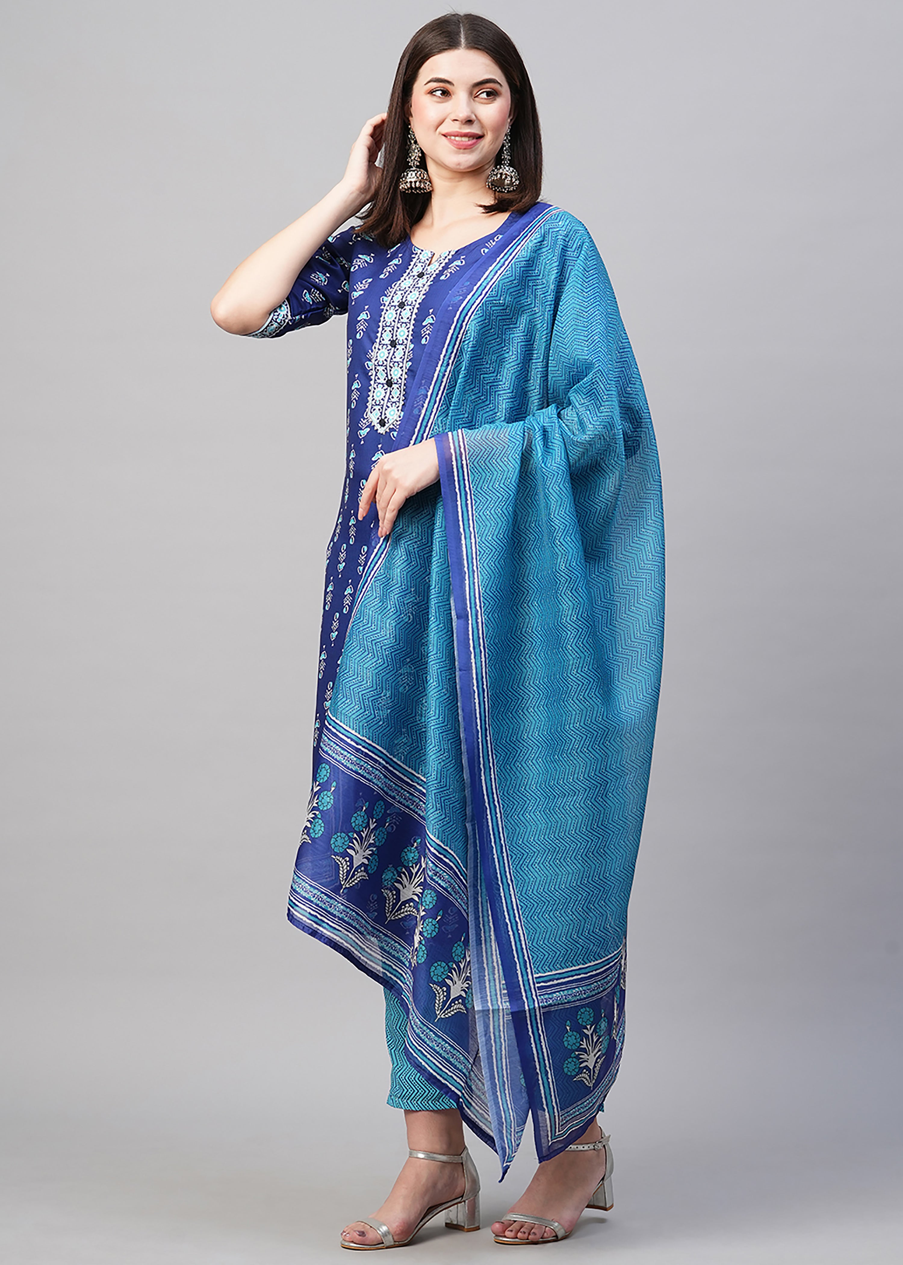 Blue Rayon Readymade Printed Kurti For Womens With Pant Dupatta