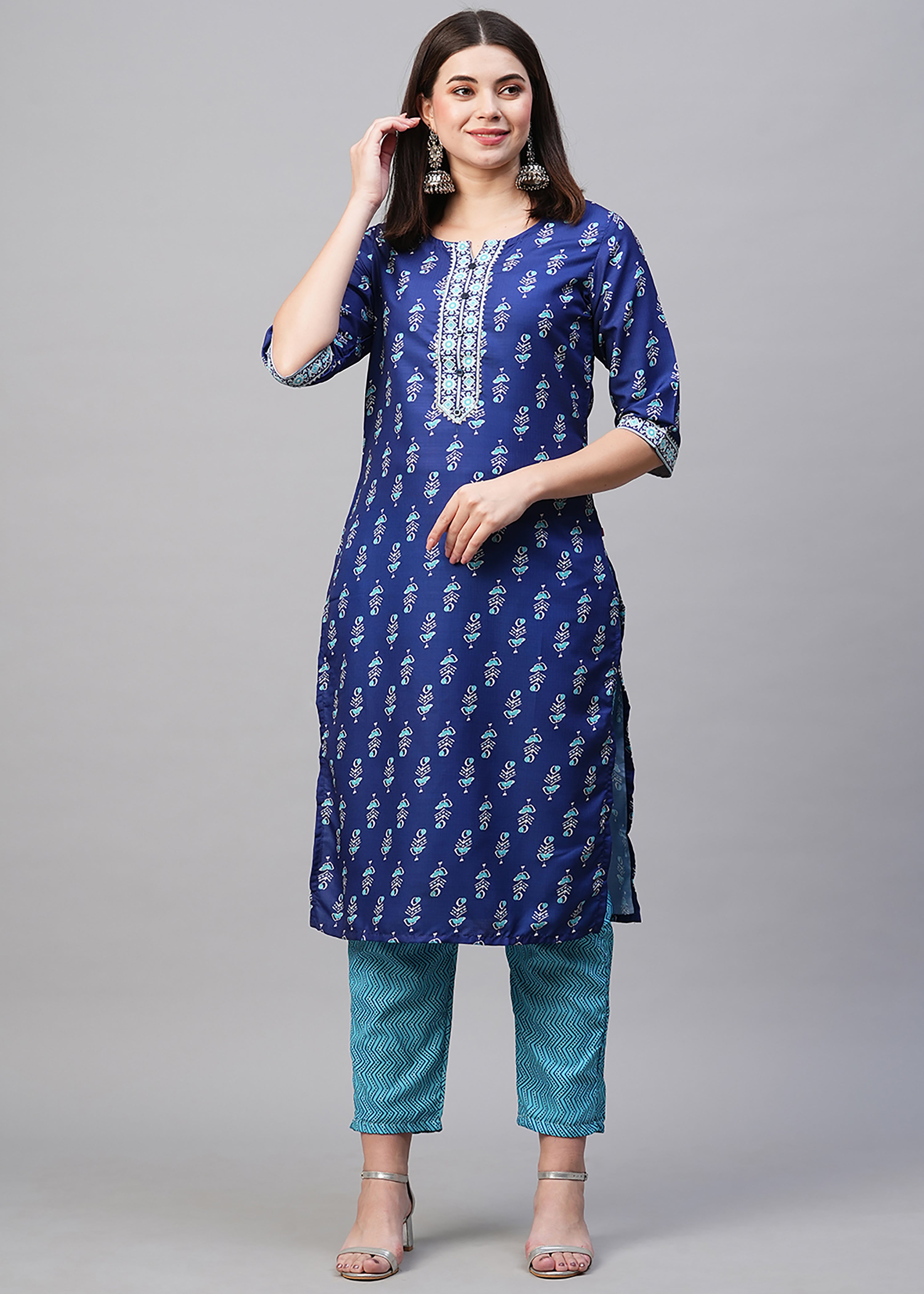 Blue Rayon Readymade Printed Kurti For Womens With Pant Dupatta