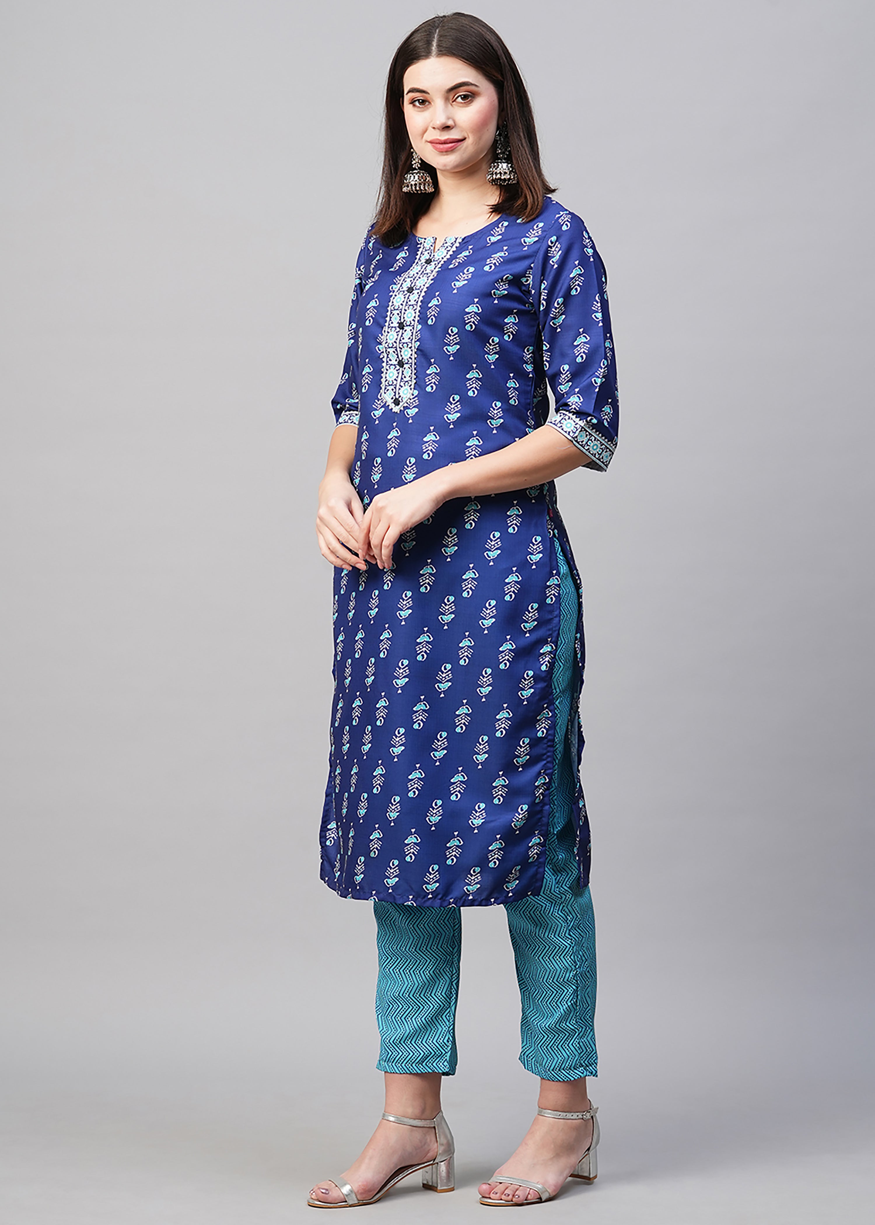 Blue Rayon Readymade Printed Kurti For Womens With Pant Dupatta