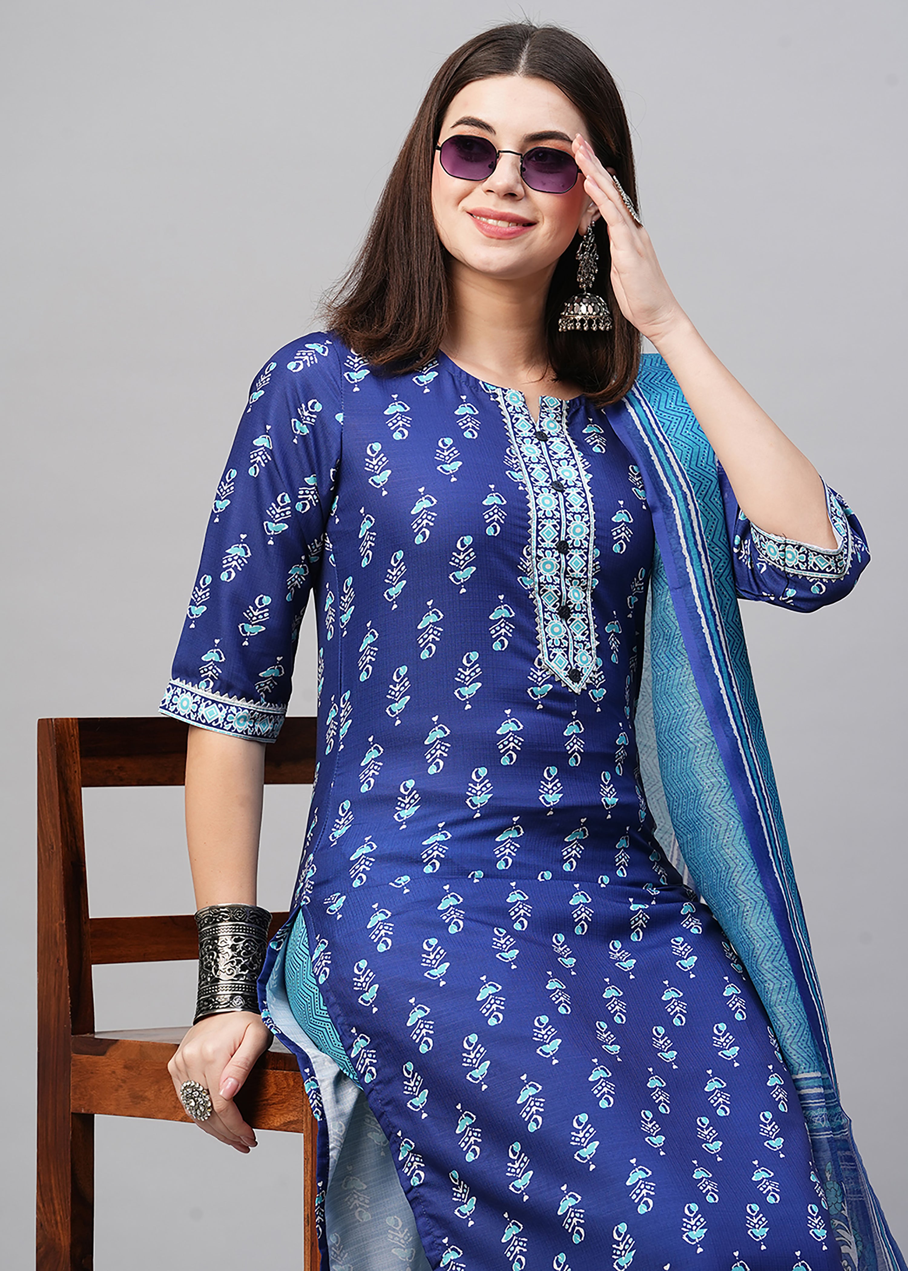 Blue Rayon Readymade Printed Kurti For Womens With Pant Dupatta