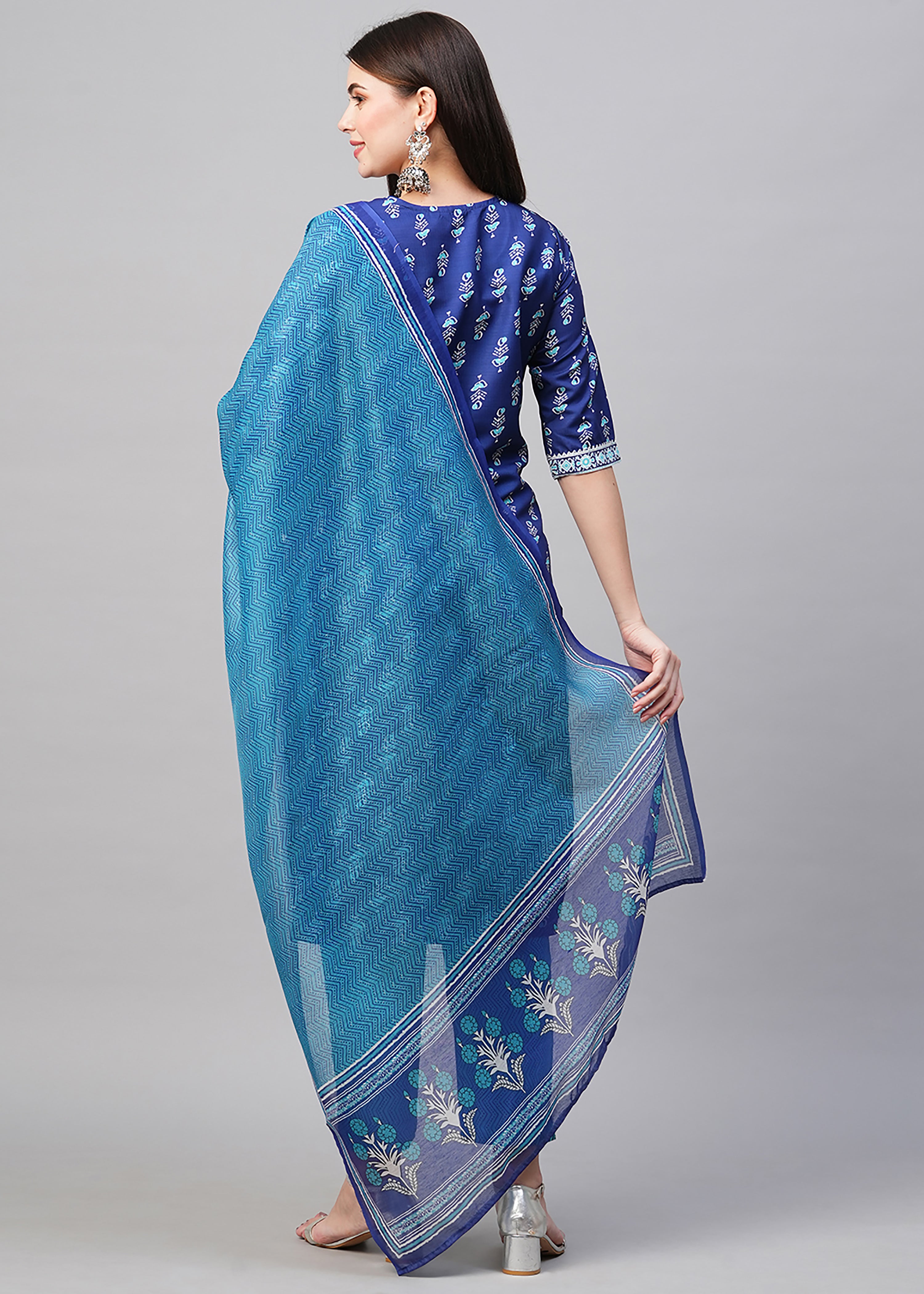 Blue Rayon Readymade Printed Kurti For Womens With Pant Dupatta