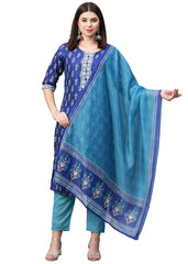 Blue Rayon Readymade Printed Kurti For Womens With Pant Dupatta