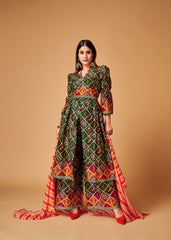 Green Rayon Readymade Patola Printed Kurti For Womens With Pant Dupatta