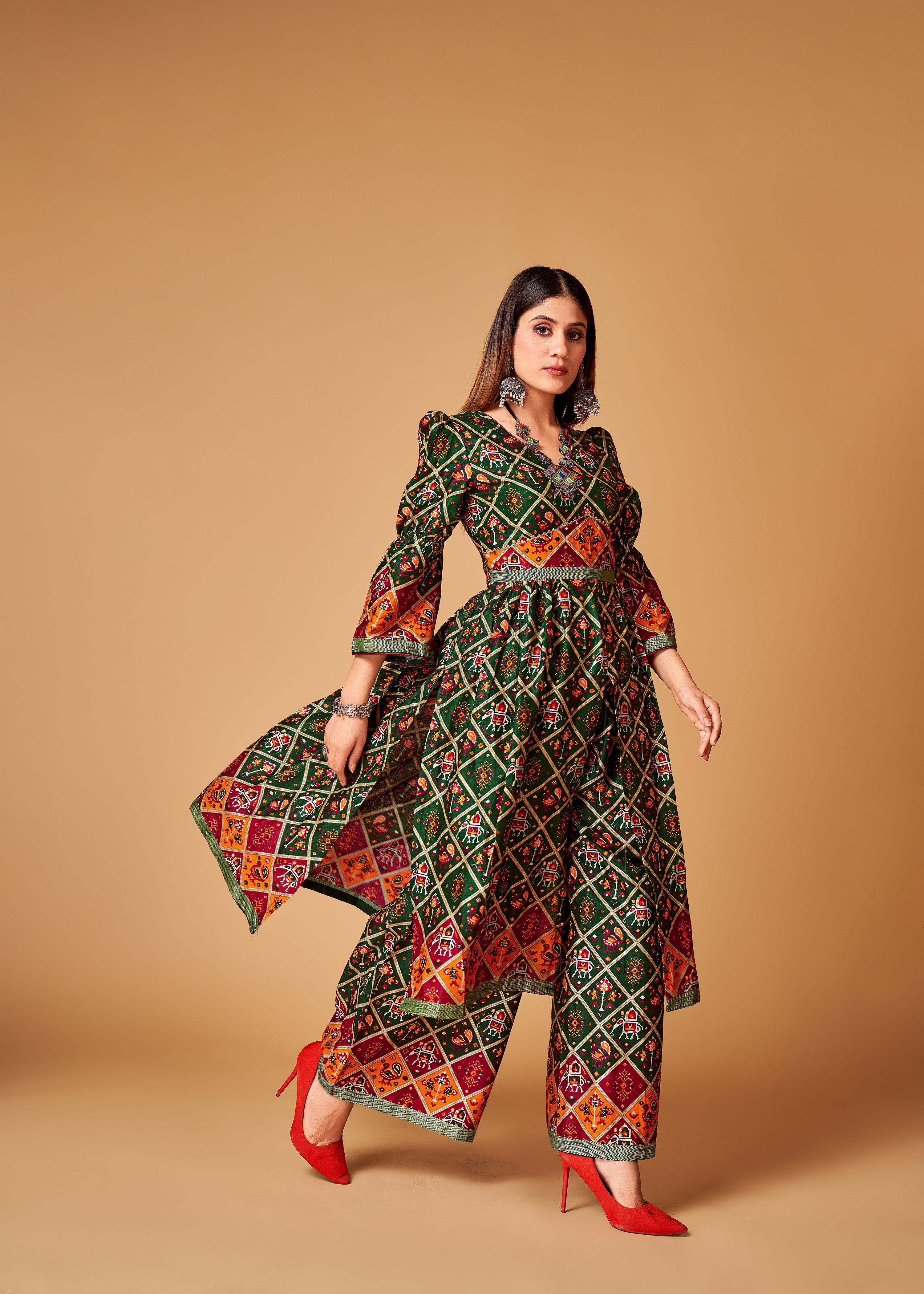 Green Rayon Readymade Patola Printed Kurti For Womens With Pant Dupatta