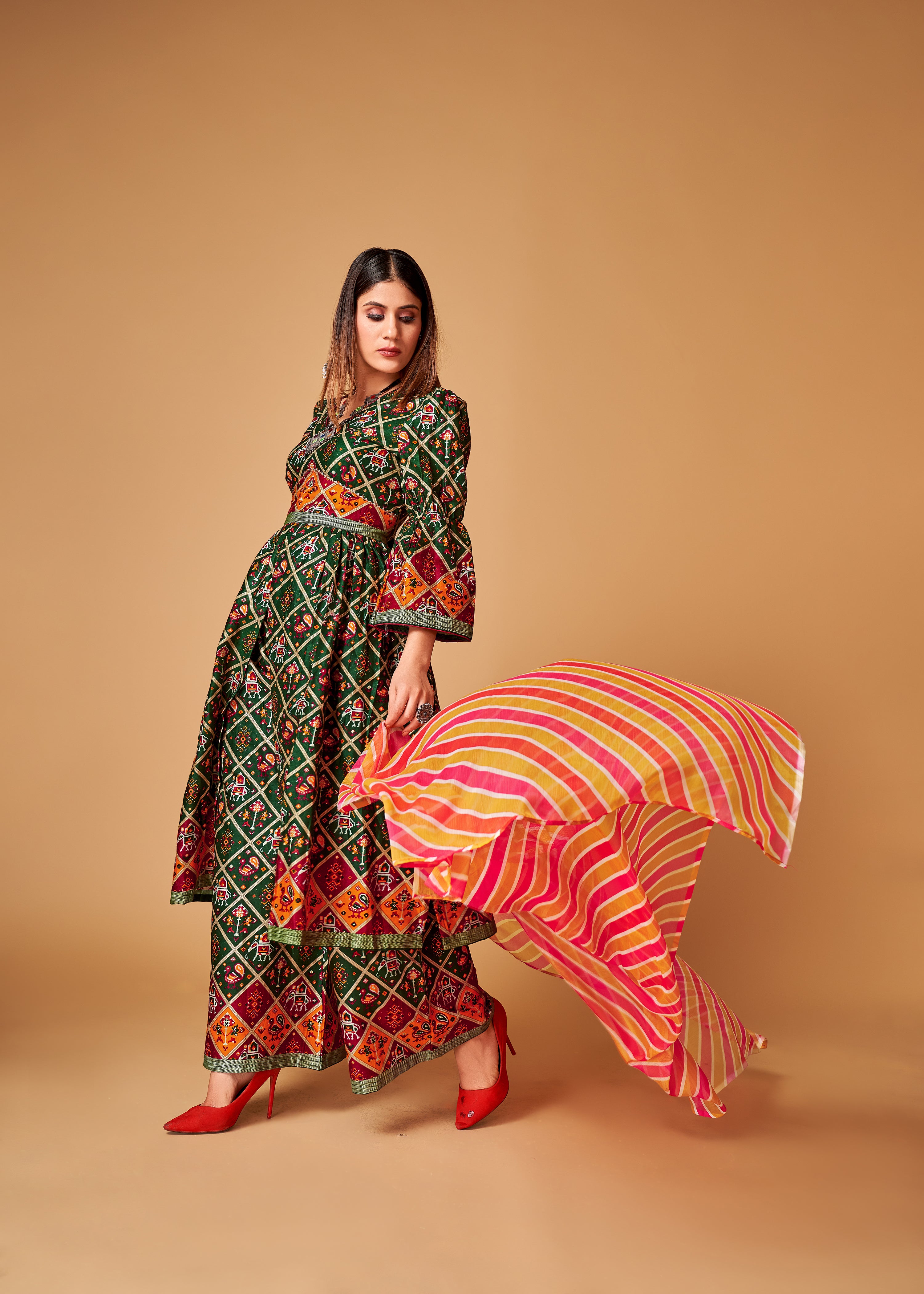 Green Rayon Readymade Patola Printed Kurti For Womens With Pant Dupatta