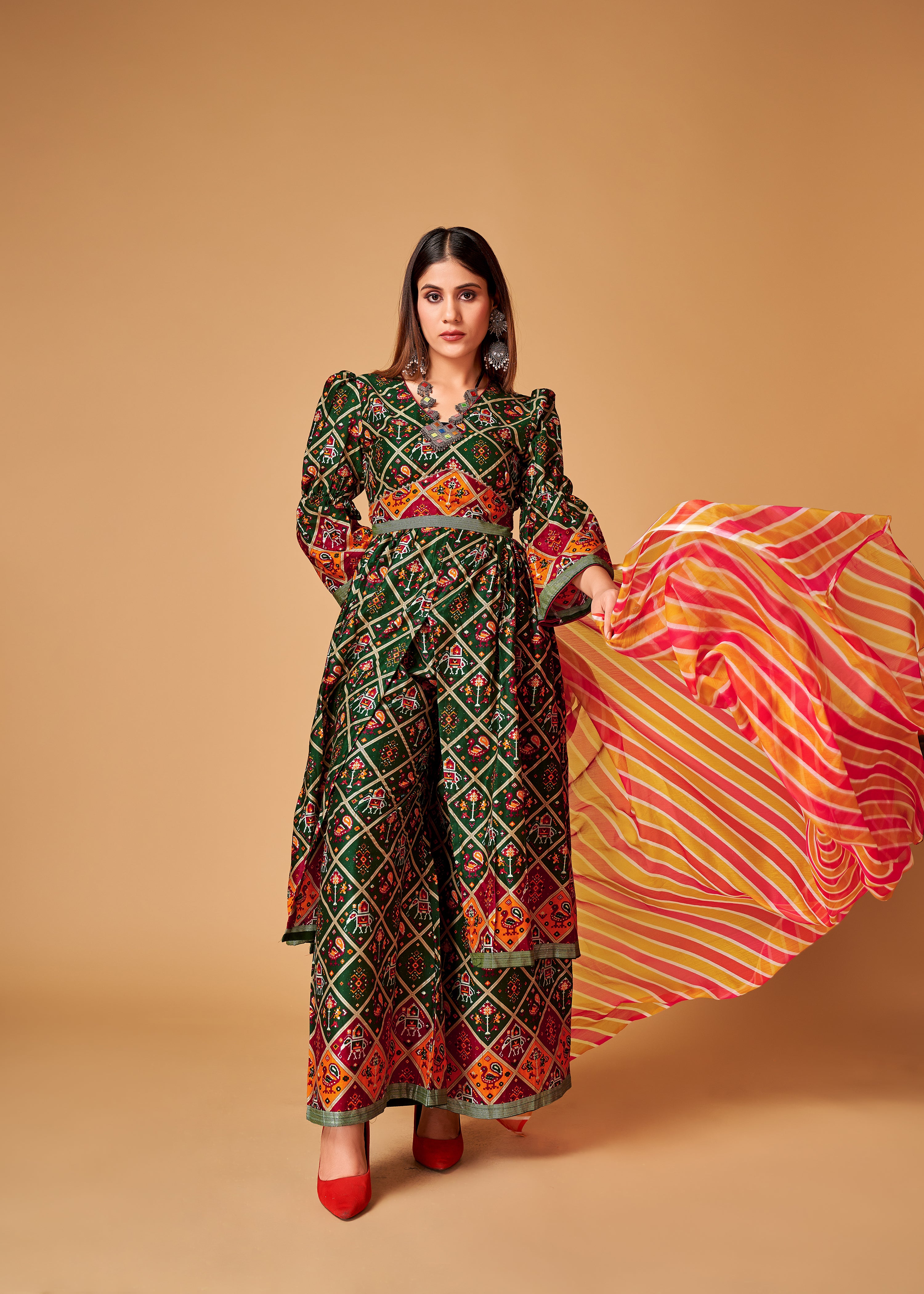 Green Rayon Readymade Patola Printed Kurti For Womens With Pant Dupatta