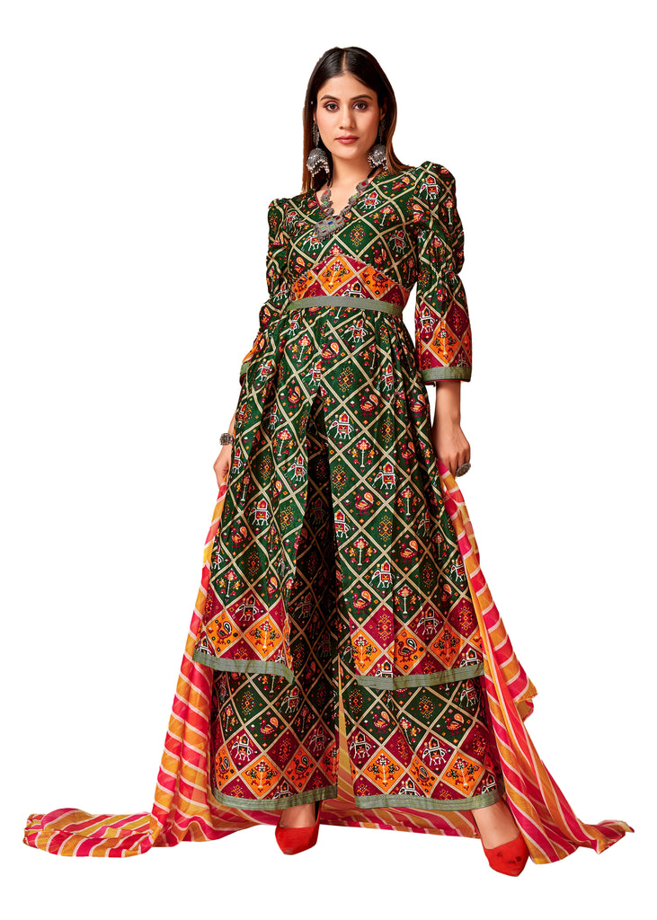 Green Rayon Readymade Patola Printed Kurti For Womens With Pant Dupatta