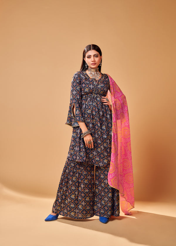 Navy Blue Rayon Readymade Patola Printed Kurti For Womens With Bottom Dupatta