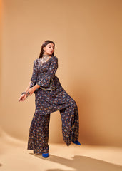 Navy Blue Rayon Readymade Patola Printed Kurti For Womens With Bottom Dupatta