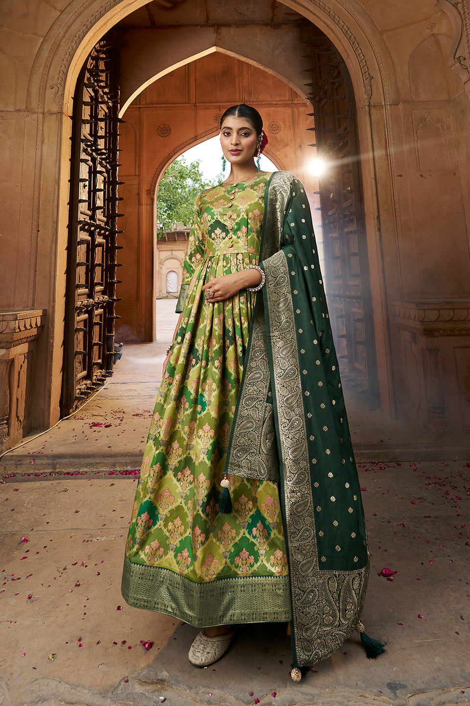 Womens Green Color Cotton Silk Foil Print Party Wear Anarkali Flared Gown with Dupatta