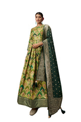 Womens Green Color Cotton Silk Foil Print Party Wear Anarkali Flared Gown with Dupatta