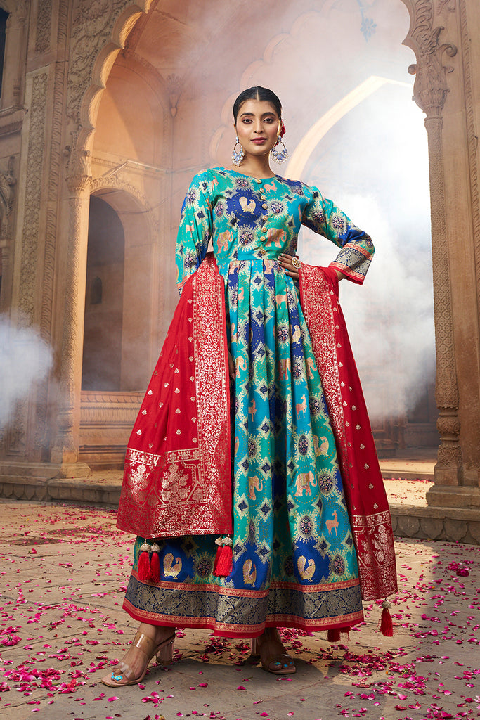 Womens Aqua Blue Color Cotton Silk Foil Print Party Wear Anarkali Flared Gown with Dupatta