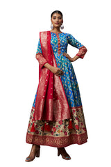 Womens Sea Blue Color Cotton Silk Foil Print Party Wear Anarkali Flared Gown with Dupatta