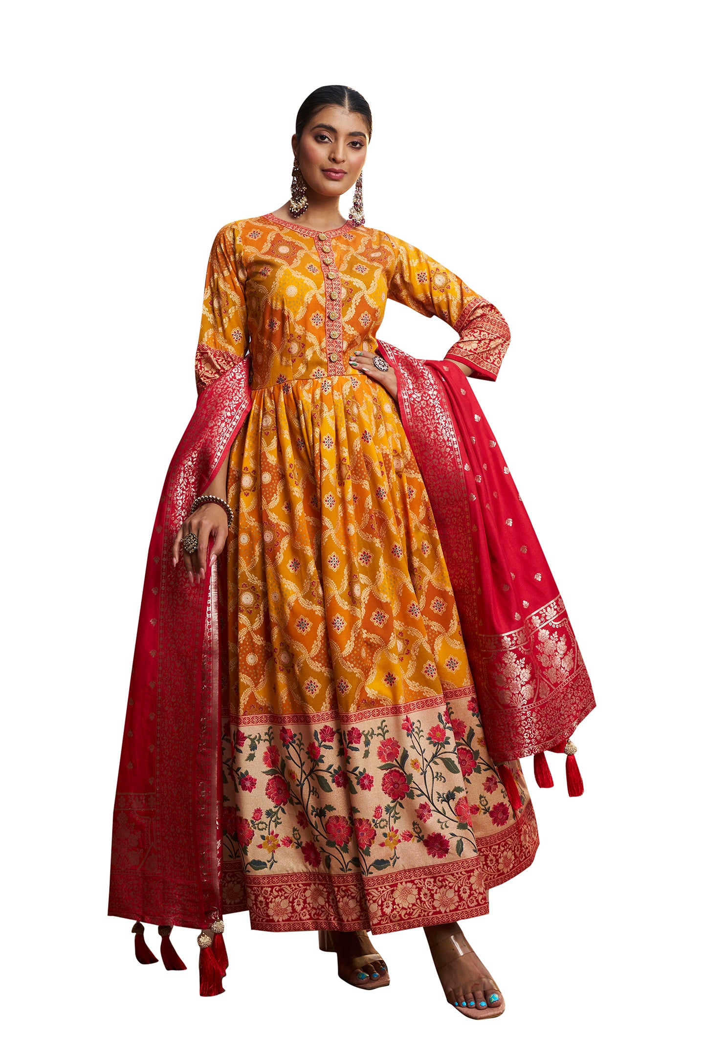 Womens Yellow Color Cotton Silk Foil Print Party Wear Anarkali Flared Gown with Dupatta